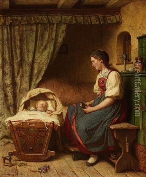Mutter Mit Saugling Vor Dem Alkoven Oil Painting - Julius Geertz