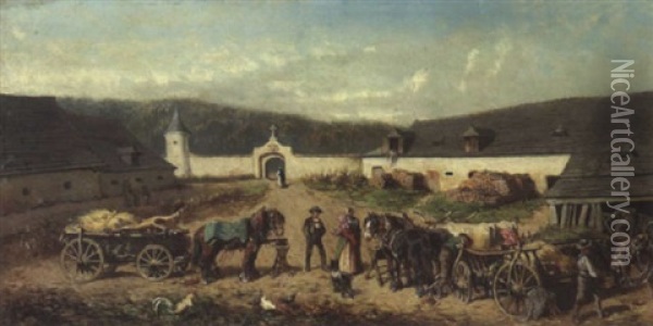Pferdefuhrwerke Im Hof Eines Bauerngehoftes Oil Painting - Alexander Ritter Von Bensa
