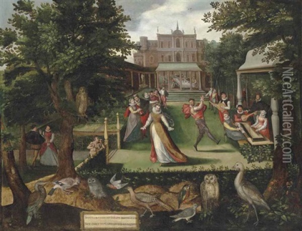 Elegantly Dressed Figures Merrymaking In A Garden Oil Painting - Joris (George) Hoefnagel