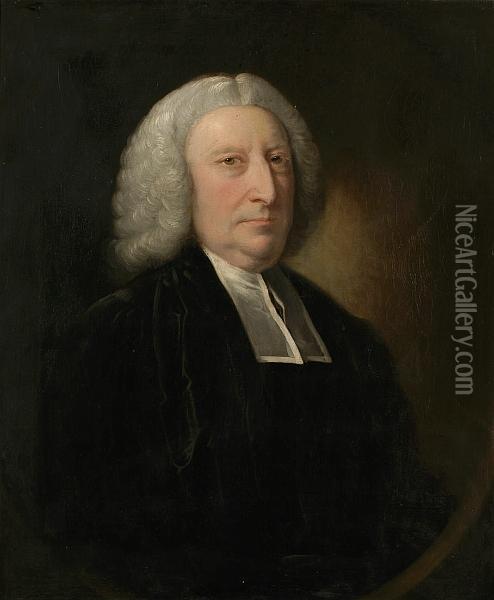 A Portrait Of The Rev. Thomas Alleyne, Half Length Within A Painted Oval Oil Painting - Josepf Wright Of Derby
