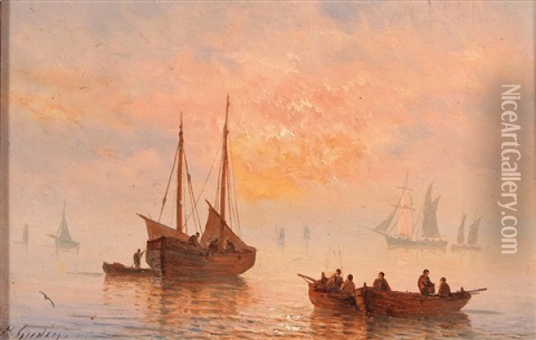 Sailing Ships In The Evening Light Oil Painting - Henriette Gudin