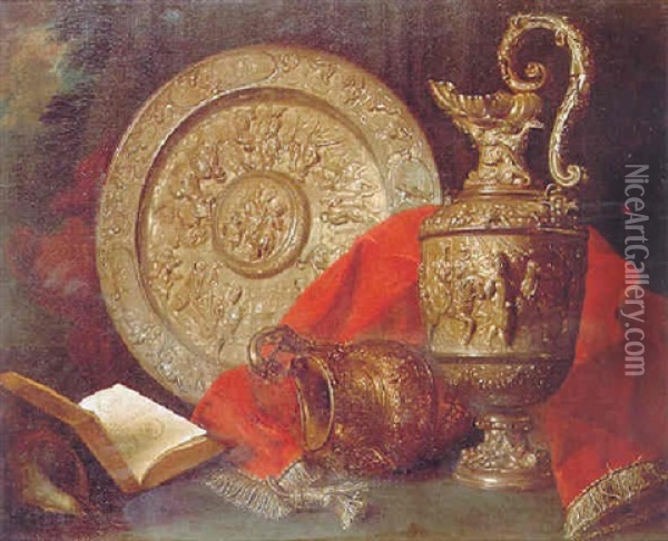 A Still Life Of Two Silver Late Renaissance Ewers, A Silver Plate, An Open Book, A Shell And A Red Cloth In A Landscape Oil Painting - Meiffren Conte
