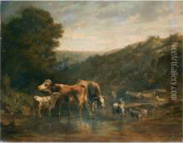 Kuhe, Ziegen Und Schafe Am Wasser Oil Painting - Charles Humbert