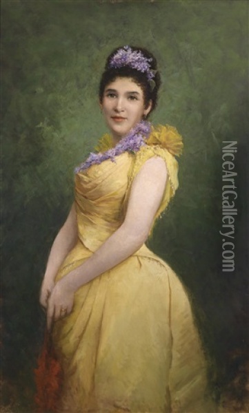 Dame In Gelbem Kleid Und Flieder Im Haar Oil Painting - Adolf Echtler