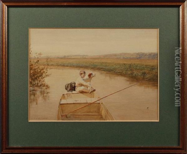 Boy With Dogs Fishing From A Boat Oil Painting - Walter Field
