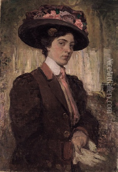 Portrait Einer Jungen, Hubschen Frau Mit Grosem Blutenbesetzten Hut Und Rotbrauner Jacke Oil Painting - Isaac Israels