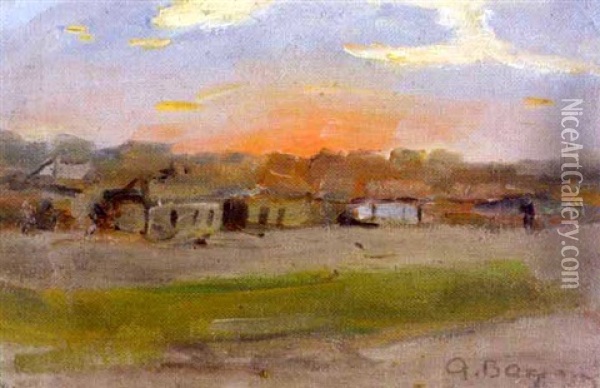 Auringonlasku Kylan Takana (village In Sunset) Oil Painting - Alexandr Ivanovich Vahrameev