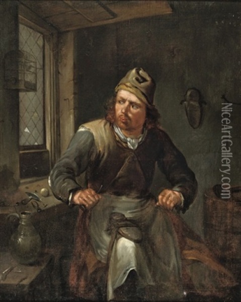 A Cobbler In His Workshop Oil Painting - Egbert van Heemskerck the Elder