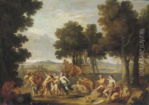 A Wooded Landscape With A Bacchanal Oil Painting - Andrea Locatelli