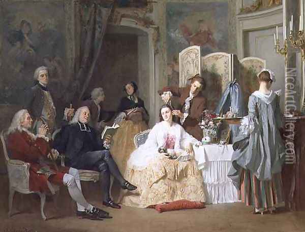 Abbe Prevost reading 'Manon Lescaut', 1856 Oil Painting - Joseph Caraud