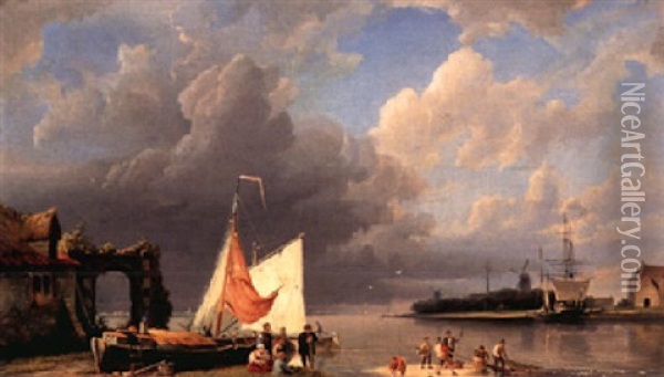 Fisherfolk On The Beach Near Groningen Oil Painting - Hermanus Koekkoek the Elder