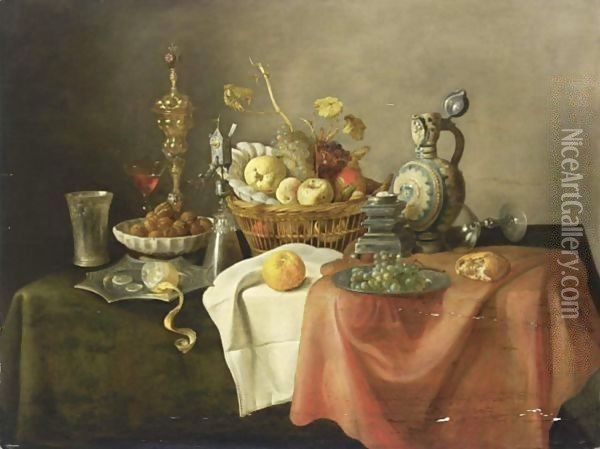 A Sumptuous Still Life With A Silver-Gilt Beaker, A Lemon On A Silver-Gilt Pointed Dish, Walnuts In A Porcelain Bowl, A Silver Gilt Cup With Cover, A Silver-Gilt Mill Glass, A Quince, An Apple, A Peach, Grapes, And Oranges In A Basket Oil Painting - Cornelis Mahu
