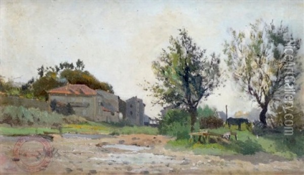 L'entree Du Village Oil Painting - Edmond Marie Petitjean