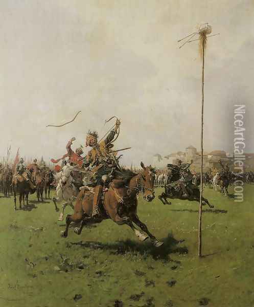 Polish Riders - Archery Contest Oil Painting - Josef von Brandt