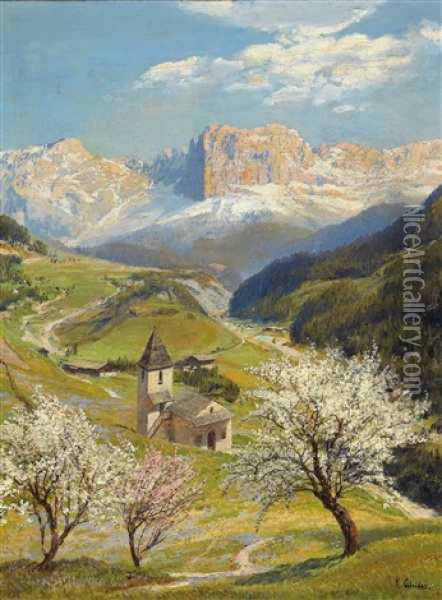 View Of Sankt Zyprian In Tiers With The Rosengarten In The Background Oil Painting - Konrad Petrides