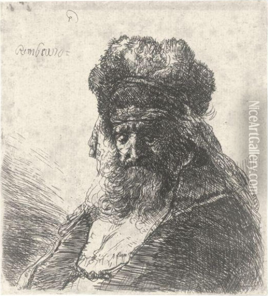 An Old Bearded Man In A Fur Cap Oil Painting - Rembrandt Van Rijn