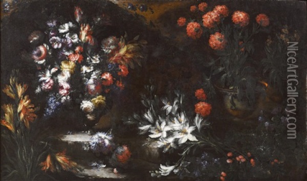 Blumenstillleben Mit Lilien Im Vordergrund; Blumenstillleben Mit Erdbeeren (pair) Oil Painting - Margherita Caffi