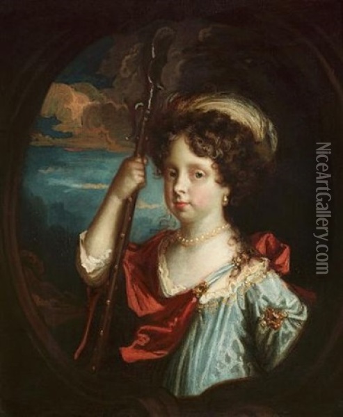 Portrait Of A Young Girl, Bust-length, In Blue And Red Robes With A Plumed Headdress And Holding A Shepherd's Crook Oil Painting - Jacob Huysmans