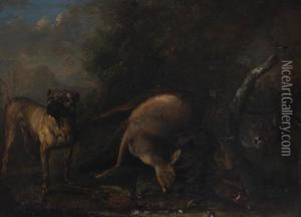 A Mastiff Guarding Dead Game Oil Painting - Ferdinand Phillip de Hamilton