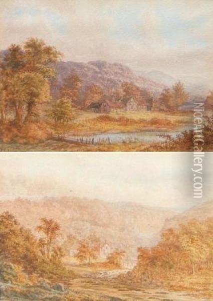 River And Mountain Landscapes With Cottages Oil Painting - A. Coleman