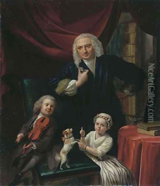 Portrait of a family, small, full-length, said to be Yoan van Wageningen (b. 1704) and children, Yan (b. 1733) and Cornelia (b. 1734), in an interior Oil Painting - Aert Schouman