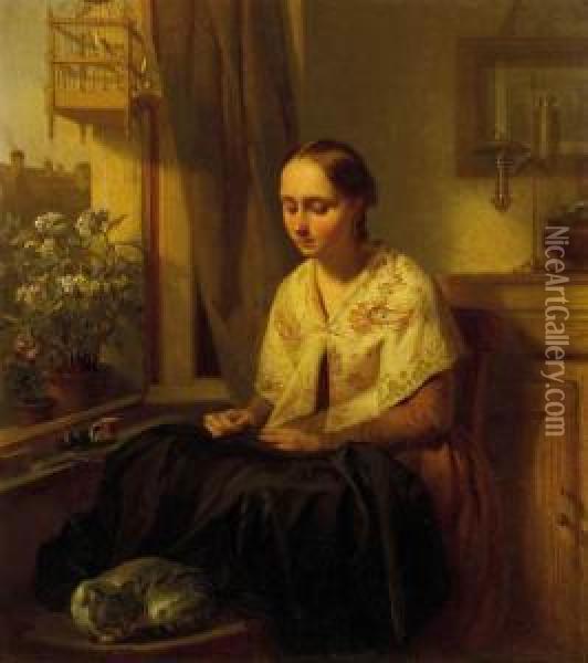 A Girl Doing Needlework Oil Painting - Josephus Laurentius Dyckmans