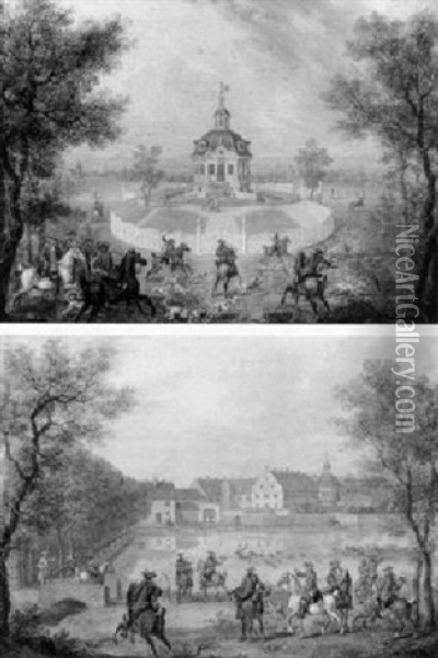 View Of Jagdschloss Kranichstein With A Stag Hunt   View Of Jagdpavillon Dianaburg, With A Stag Hunt Oil Painting - Georg Adam Eger
