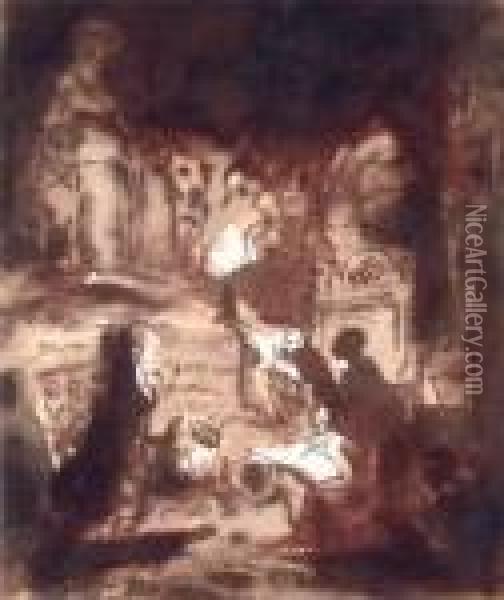 Personnage Dessinant Des Antiques A La Lumiere D'une Torche Oil Painting - Hubert Robert