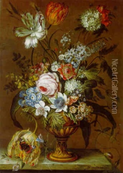 Flowers In A Vase With Butterflies On A Marble Ledge Oil Painting - Daniel van Beke