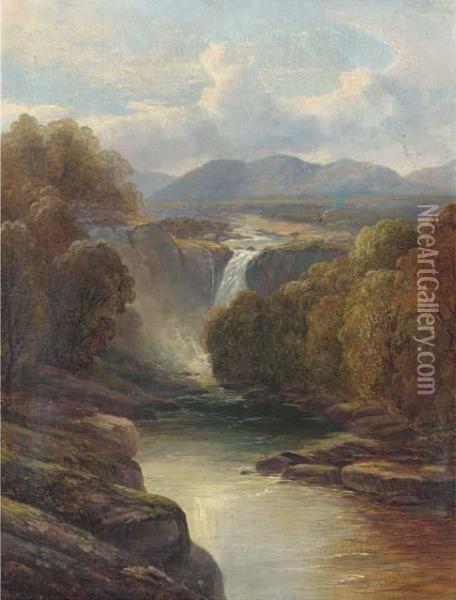 An Angler On A Riverbank; A Waterfall In A River Landscape Oil Painting - John Brandon Smith