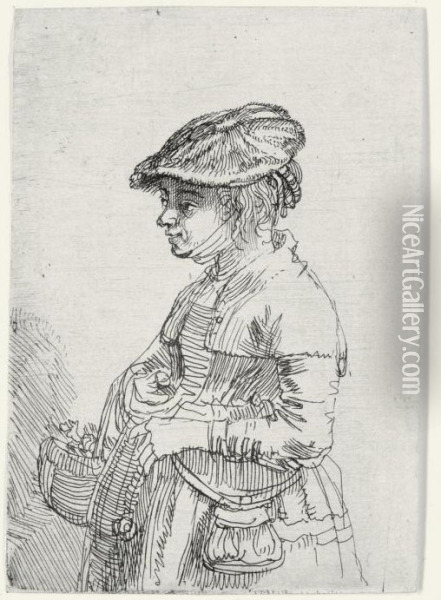 Girl With A Basket (b., Holl. 356; H. 195; Bb. 42-3) Oil Painting - Rembrandt Van Rijn
