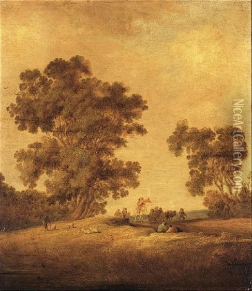 A Trumpeter And Two Horsemen With A Horse-drawn Cart In A Landscape, A Shepherd With His Herd Near A Group Of Trees On The Left Oil Painting - Salomon van Ruysdael