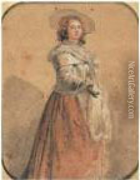 Portrait D'une Femme En Pied Portant Un Chapeau Et Une Capeline Oil Painting - Etienne-Charles Leguay