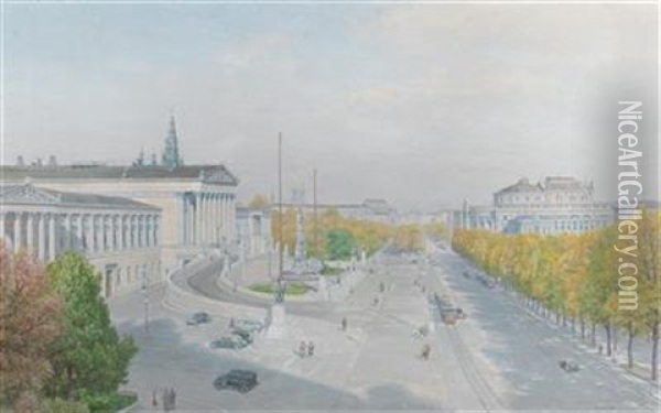 Ringstrase With Parliament And Burgtheater Oil Painting - Thomas Leitner