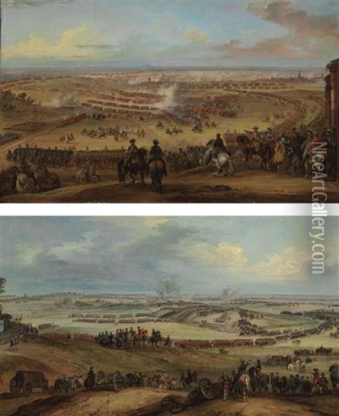 The Battle Of Fontenoy, 11 May 1745 (+ The Battle Of Lawfeld, 2 July 1747; Pair) Oil Painting - Pierre Lenfant