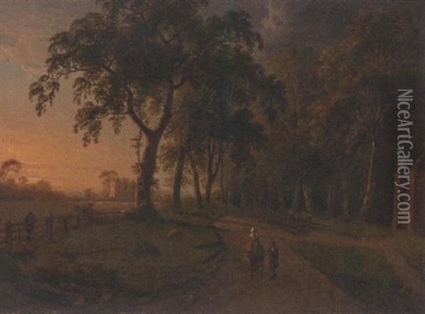 Figures On A Parkland Track With A Country House Beyond Oil Painting - Henry Pether
