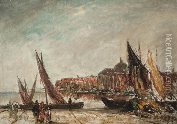 Figures On A Venetian Quay Oil Painting - Jacques-Edouard Dufeu