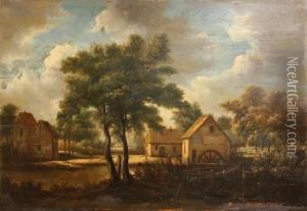A Watermill Oil Painting - Meindert Hobbema