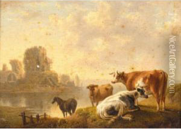 Horses And Sheep In A Landscape; Cattle By A River Oil Painting - Charles Towne