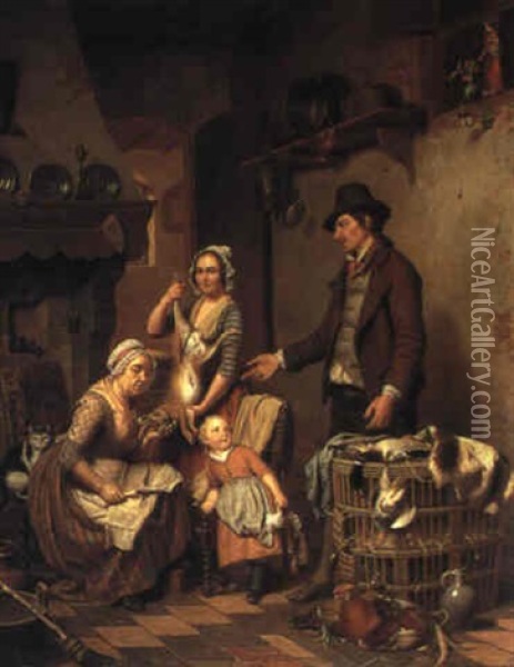 Family Portrait In A Kitchen Oil Painting - Charles Brias