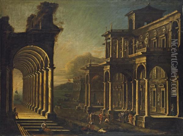 A Capriccio View Of A Coastal City, With A Loggia And Other Classicised Buildings And Saint Peter Healing The Lame Oil Painting - Codazzi Viviano & Gargiulo Domenico