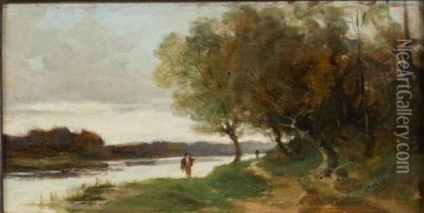 Flusslandschaft Mit Person Am Ufer Oil Painting - Ferdinand David
