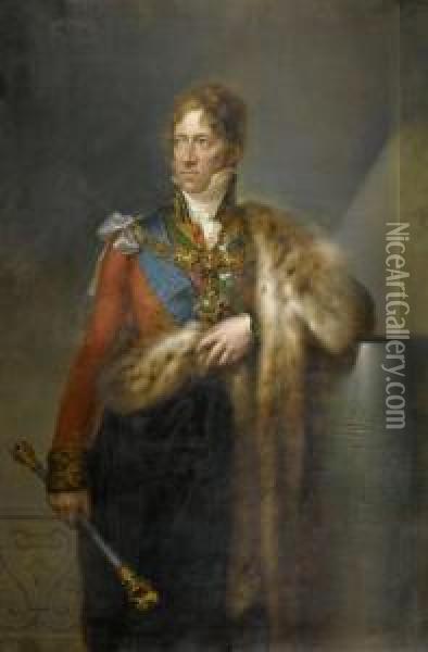 Portrait Of Ernst Friedrich Herbert, Count Zu Munster With The Lord Lieutenant's Ceremonial Mace In His Hand Oil Painting - Peter Eduard Strohling