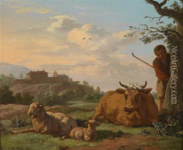 Campagnalandschaft Mit Einem Hirten Und Vieh Oil Painting - Karel Dujardin