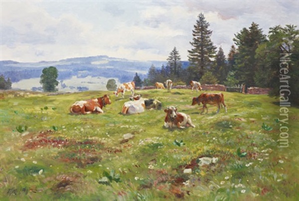 Troupeau De Vaches Dans Le Jura Oil Painting - Fritz Huguenin