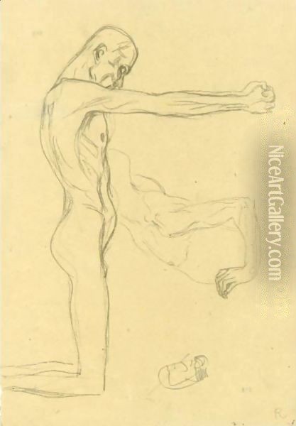 Kneeling Male Nude With Sprawled Out Arms, Male Torso Oil Painting - Gustav Klimt
