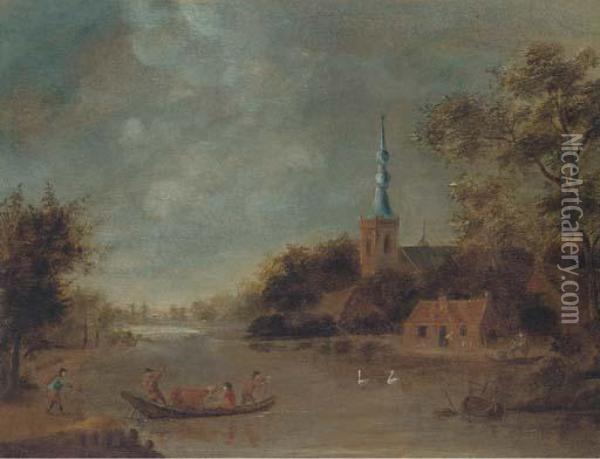 A Landscape With Drovers Crossing A River By Boat, A Churchbeyond Oil Painting - Govert Dircksz. Camphuysen