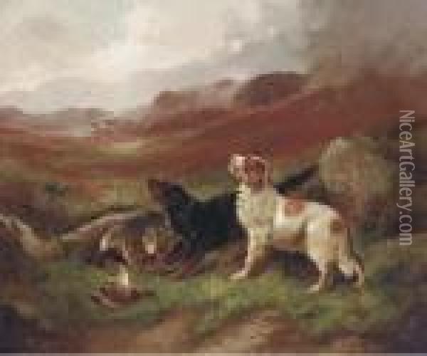 Setters And Game In A Highland Setting Oil Painting - Robert Cleminson
