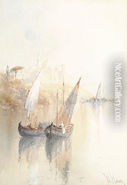 Boats On A River In The Holy Land Oil Painting - William Knox