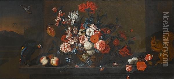 Roses, Tulips, Snowballs And Other Flowers In A Bronze Urn With Peaches, A Squirrel And A Parrot On A Table-top, A View To A Park Landscape Beyond Oil Painting - Heinrich Christoph Kolbe